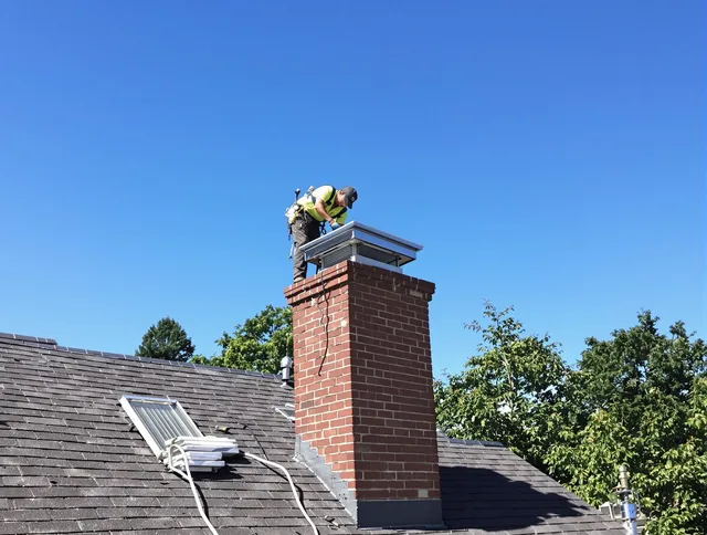 Gahanna Chimney Sweep technician measuring a chimney cap in Gahanna, OH